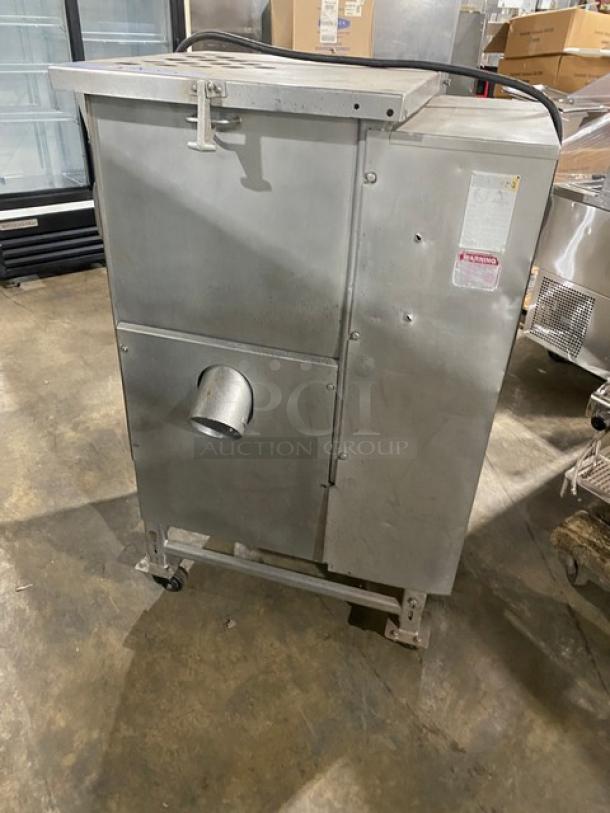Biro commercial electric meat mixer/grinder, free-standing, heavy-duty, on casters, stainless steel, visible safety labels.