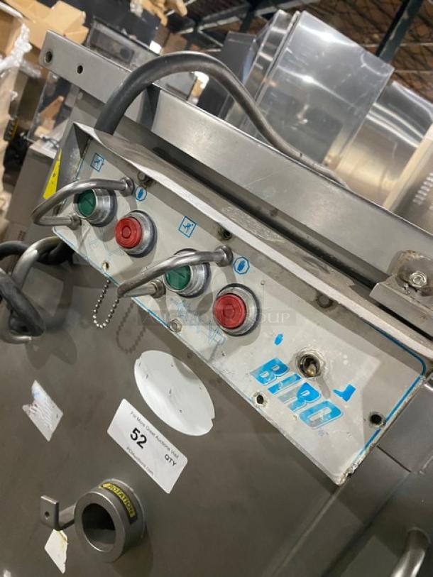 Biro commercial electric meat mixer/grinder, heavy-duty, free-standing on casters, with control panel and Biro branding.