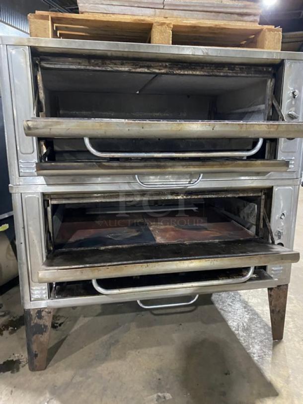 Blodgett stainless steel double-stacked pizza deck oven, natural gas, with stones, on legs, used condition.