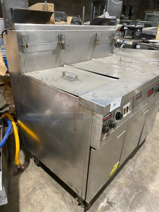 Frymaster Filter Magic II 2-bay stainless steel fryer, natural gas, model FM245EBLMSC, with center dump station and grease filter, on casters.