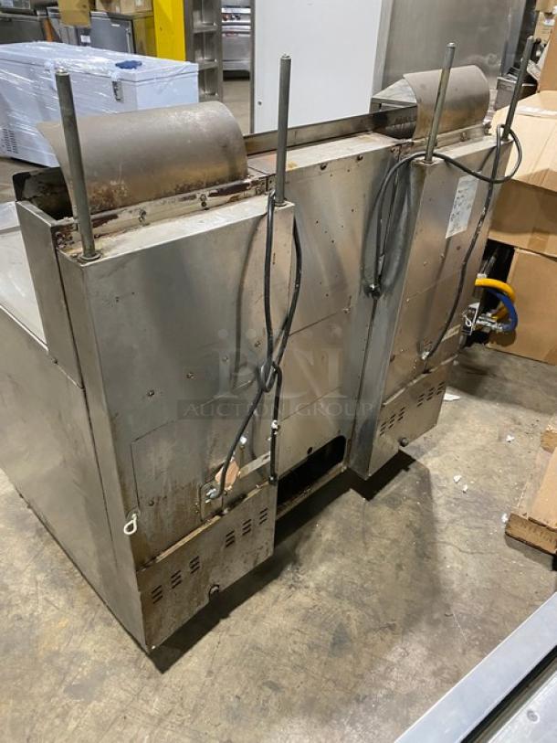 Frymaster Filter Magic II 2-bay deep fryer, stainless steel, natural gas, model FM245EBLMSC, center dump, backsplash, on casters.