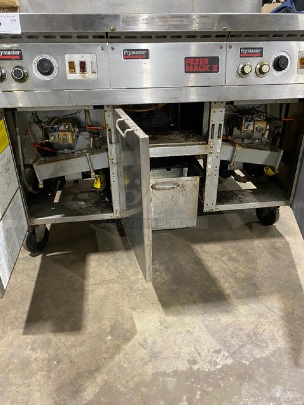 Frymaster Filter Magic II 2-bay fryer, stainless steel, natural gas, center dump, backlash, grease filter, model FM245EBLMSC, on casters.