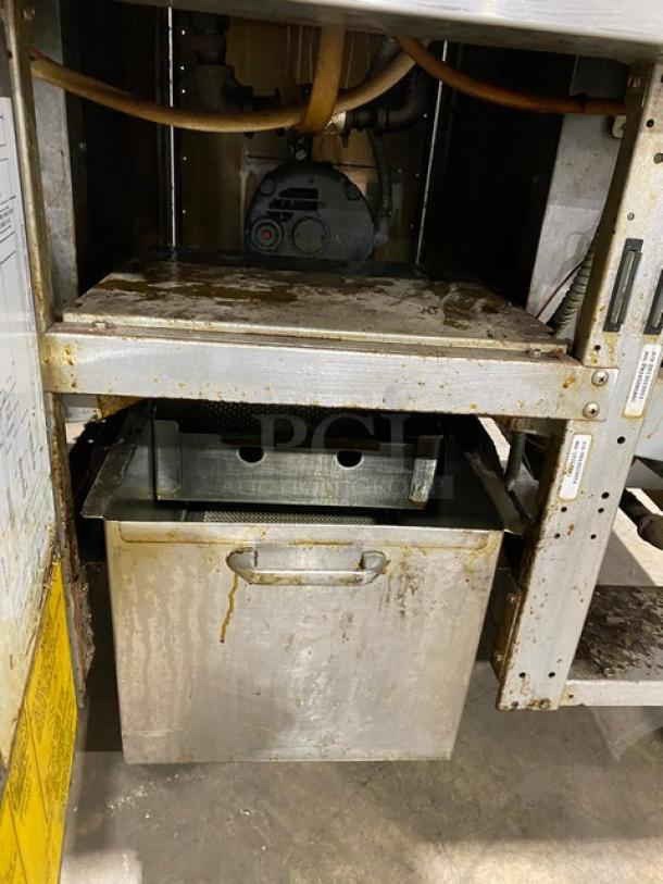 Frymaster Filter Magic II FM245EBLMSC 2-bay fryer, stainless steel, natural gas, center dump, grease filter, used, on casters.