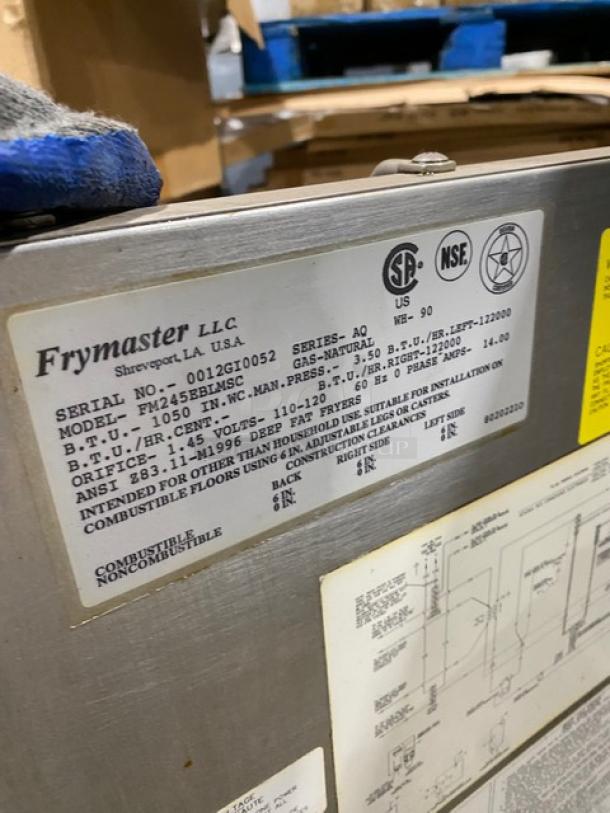 Frymaster Filter Magic II Fryer, Model FM245EBLMSC, stainless steel, 2-bay with center dump, natural gas, on casters, 110-120V.