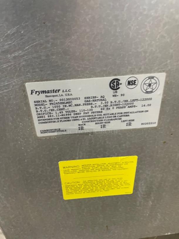 Frymaster Filter Magic II commercial fryer ID plate, showing model FM245EBLMSC, natural gas-powered, with certification marks.