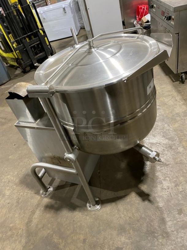 Cleveland Range KGL-40-T commercial steam kettle, 40 gal capacity, stainless steel, natural gas, swivel spout faucet, on legs.