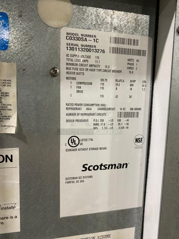 Scotsman Prodigy ice machine label detailing model C0330SA-1C, serial number 13011320013276, voltage, and certifications.