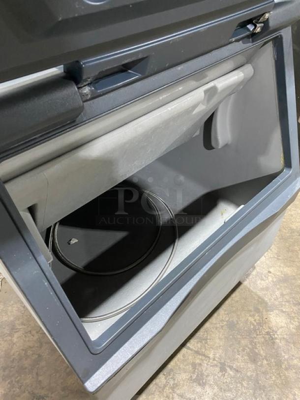 Scotsman Prodigy commercial ice maker head/bin combo, stainless steel, model C0330SA-1C/B330P, Energy Star certified, on legs, open view.