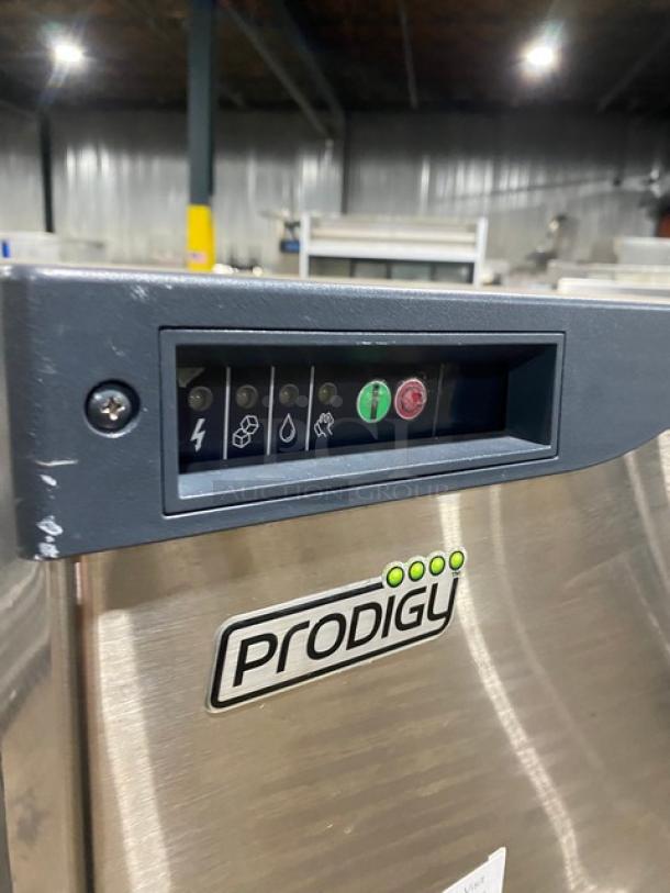 Scotsman Prodigy Series C0330SA1C/B330P ice machine with control panel, stainless steel finish, Energy Star certified, on legs.