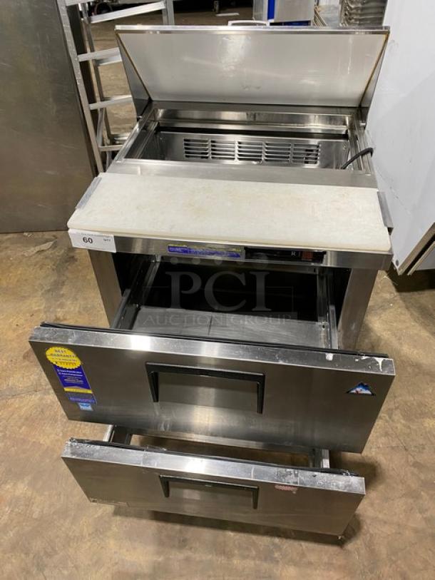 Everest EPBNR1 stainless steel 2-drawer refrigerated prep table with cutting board, on casters, excellent condition.