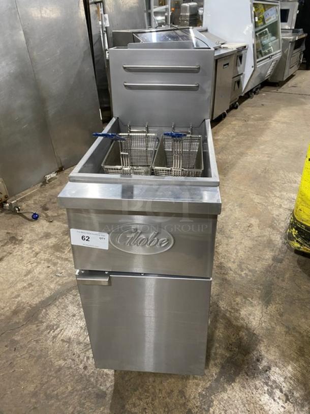 Globe GFF35G stainless steel deep fat fryer, natural gas, with baskets, back splash, basket hanger, on casters, SN: 10180137.