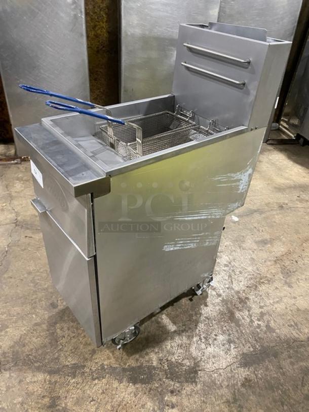 Globe GFF35G stainless steel deep fryer, 35-40 lb. capacity, natural gas, with backsplash, basket hanger, fry baskets. On casters.