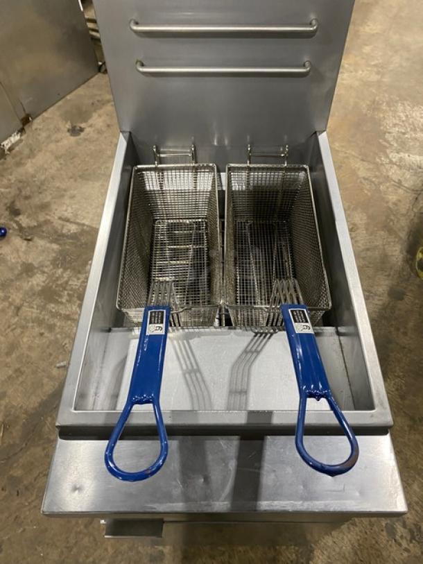 Globe GFF35G stainless steel deep fryer, natural gas, with baskets, backsplash, hanger, on casters. Serial: 10180137.