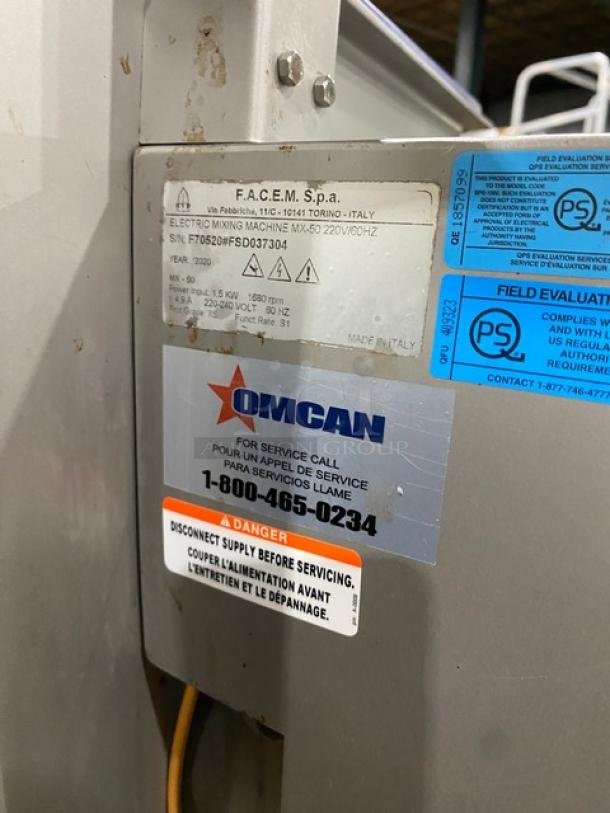 Tre Spade/Omcan MX50 meat mixing machine, heavy-duty, 2020 model, 220-240V. Features casters and safety labels, serial F70520#FSD037304.