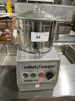 Robot Coupe R602VV commercial food processor with 7 qt stainless steel bowl. Model R602V.V., 120V, on legs, in good condition.