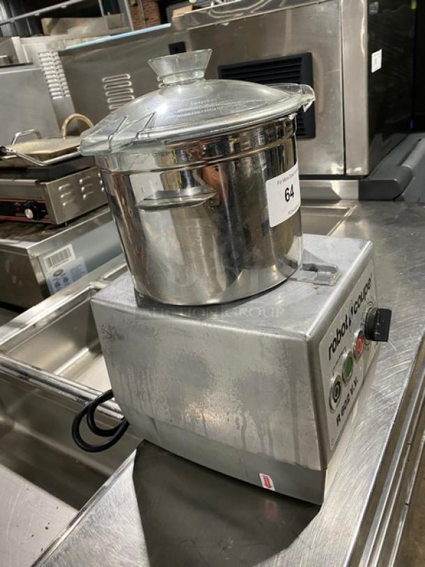 Robot Coupe R602VV commercial food processor with stainless steel 7 Qt. bowl, model R602VV, 120V, on legs, with control panel.