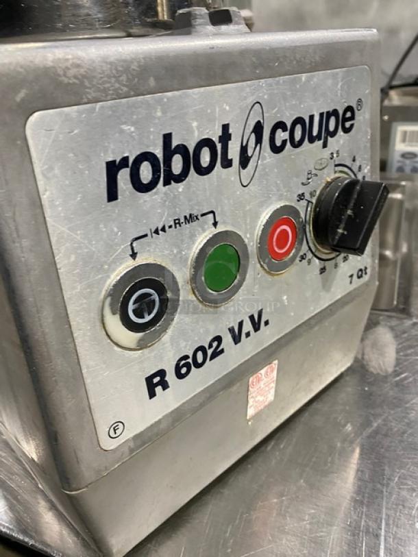 Robot Coupe R602VV food processor with controls, 7 qt stainless steel bowl, used condition, 120V 1 Phase, on legs.