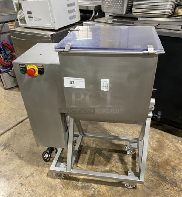 Tre Spade/Omcan MX50 meat mixing machine, commercial-grade, 2020 model, stainless steel, electric-powered, on casters.