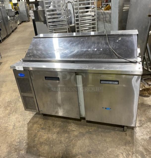 Randell 9040K7 stainless steel 2-door refrigerated prep table, Bain Marie style, with poly coated rack, on casters, used condition.