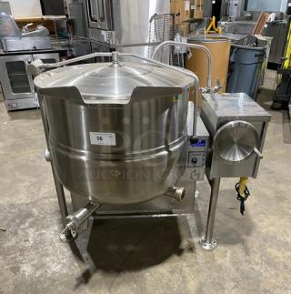 Cleveland Range KGL40T commercial 40-gal tilting steam kettle, stainless steel, natural gas, with swing spout faucet, on legs.
