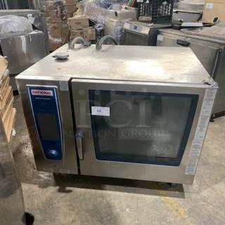 Rational Self Cooking Center Series Commercial Stainless Steel Natural Gas Powered 6-Pan Full-Size Combi Oven! Energy Star Certified! With Wired Oven Racks! With Yellow Gas Connection Hose! Model: SCCWE62G SN: G62S116092545598! 208V 1 Phase! On Legs! - Item #1208027