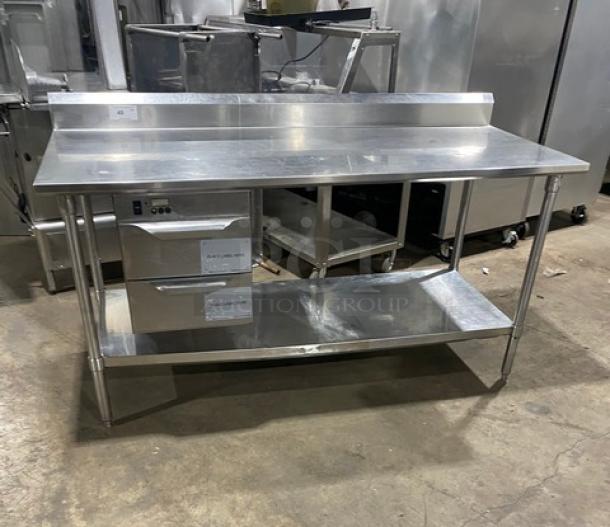 Custom stainless steel worktop table with Alto-Shaam 500-2DN warming drawer, model SN: 1731959-000. 120V, 1 phase, on legs.