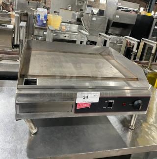 Cecilware EL1624 commercial stainless steel 24" flat griddle with thermostatic control, back & side splash, on legs. 240V.