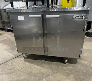 Leader Commercial Stainless Steel 2 Door Undercounter Worktop Refrigerator! With Poly Coated Wired Rack! Model: NSFB48S/C SN: NH070568! 115V 1 Phase! On Casters! - Item #1207721