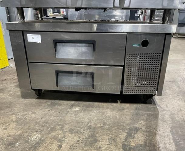 True TRCB48 stainless steel 2-drawer refrigerated low boy chef base, model SN 5218286, on casters, 115V, 1 phase, commercial use.