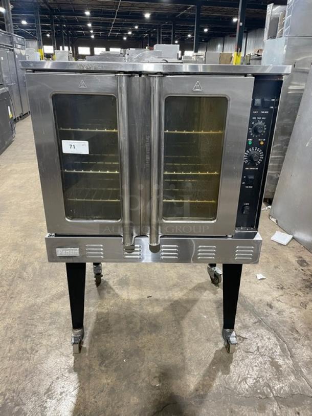 Pantin stainless steel natural gas convection oven, Model LT-GCO-613, with thermostatic control and caster wheels.