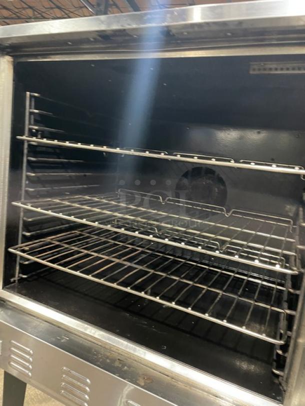 Pantin stainless steel natural gas convection oven, Model LT-GCO-613, thermostatic control, wired rack, on casters.
