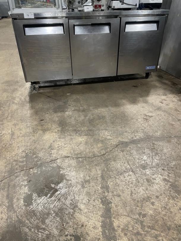Turbo Air M3 Series 3-door stainless steel undercounter worktop refrigerator, model MUR-72, on casters with poly coated rack.