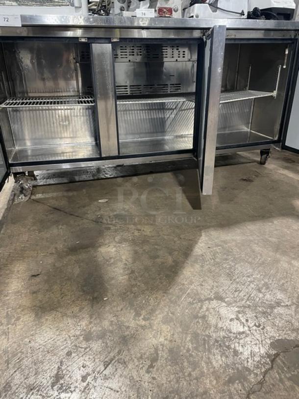 Turbo Air M3 Series 3 Door Undercounter Refrigerator, Model MUR-72, stainless steel, with poly coated wire rack, on casters.