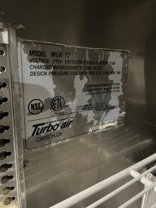 Turbo Air MUR-72 3 Door Undercounter Worktop Refrigerator, stainless steel, includes poly coated wire rack, 115V, on casters.