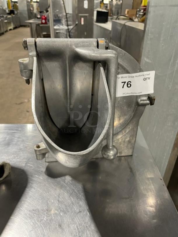 Commercial heavy-duty Pelican-head slicer/shredder/grater mixer attachment, metal finish, sturdy design, auction label.