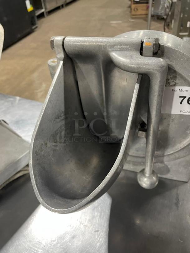 Commercial heavy-duty pelican-head slicer/shredder/grater mixer attachment in good condition, metal construction.