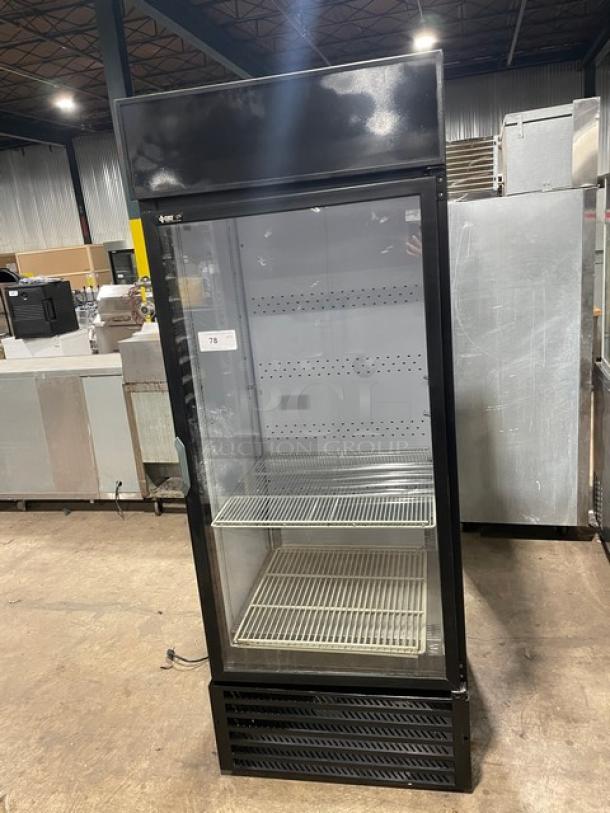 QBD Cooling Systems black single glass door merchandiser refrigerator, Model CD26HB, with poly coated wired rack, 115V, excellent condition.