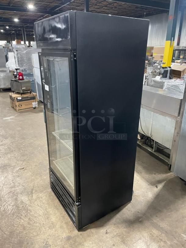 QBD Cooling Systems black single glass door reach-in merchandiser fridge, model CD26HB, with poly coated wire rack.