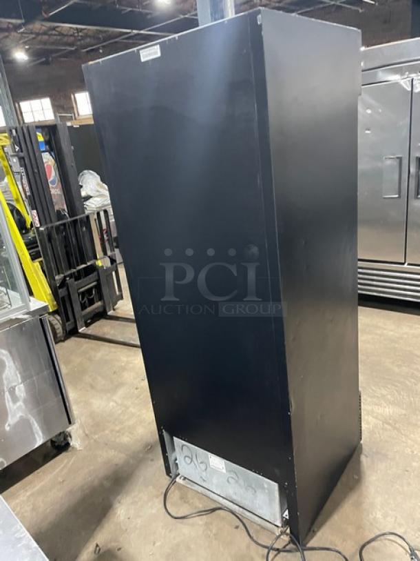 QBD Cooling Systems Commercial Refrigerator, Model CD26HB, black, single glass door, poly-coated wired rack, 115V, 1 phase.