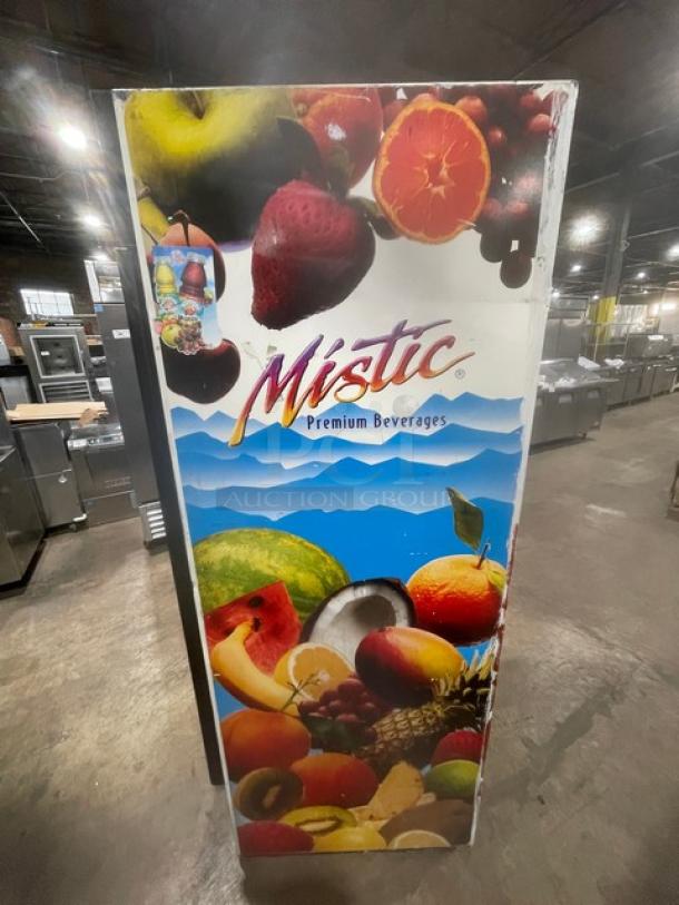 Mistic Style commercial refrigerator with single glass door, white exterior, poly-coated wire rack, fruit graphics on the side.