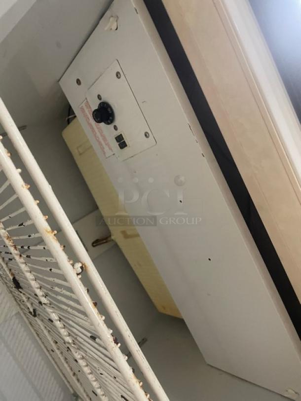 Mistic Style commercial white single glass door reach-in merchandiser refrigerator with poly-coated wired rack, visible control panel.