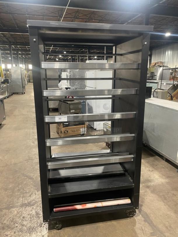 Vulcan 5-Tier Black Bakery Display Showcase with lighted dry open design, stainless steel interior, storage, and casters.