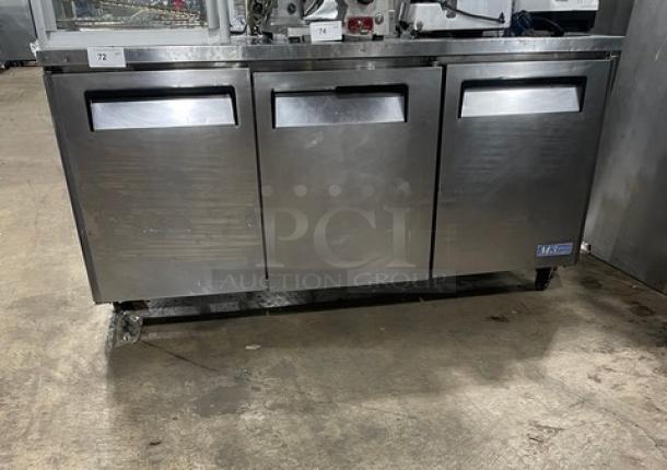 Turbo Air M3 Series 3-Door Undercounter Refrigerator, Model MUR-72, stainless steel, with poly-coated wired rack, on casters.