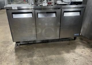 Turbo Air M3 Series Commercial Stainless Steel 3 Door Undercounter Worktop Refrigerator! With Poly Coated Wired Rack! Model: MUR-72! 115V! On Casters! - Item #1208317