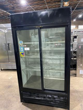 True Commercial Black Double Glass Sliding Door Reach In Merchandiser Refrigerator! With Poly Coated Wired Racks! Model: GDM-37 SN: 1-4753863! 115V 1 Phase! - Item #1209252
