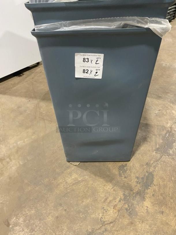Commercial gray large square trash can, features durable plastic construction. Auction tag indicates bid quantity of two.