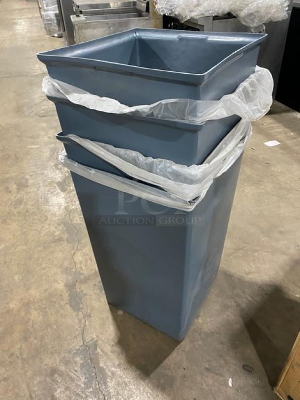 Large commercial gray square trash can, new condition, features durable plastic construction, includes liner, stackable design.