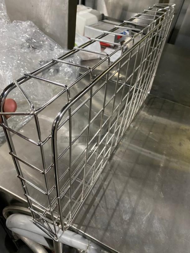 Commercial chrome-plated wired rack for bagels or pastries, full-sized, excellent condition, durable and sleek design.