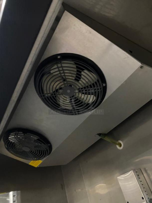 Asber ARF49HFHC commercial freezer interior fan unit, stainless steel, 2022 model, poly-coated wire rack, on casters.