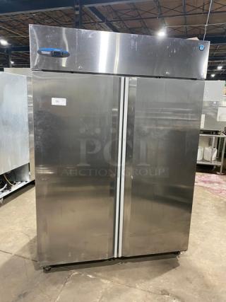 Hoshizaki Commercial Stainless Steel Solid 2 Door Reach In Refrigerator! Energy Star Certified! With Poly Coated Wired Rack! Model: CR2S-FS SN: H59192L! 115V 1 Phase! On Casters! - Item #1209261